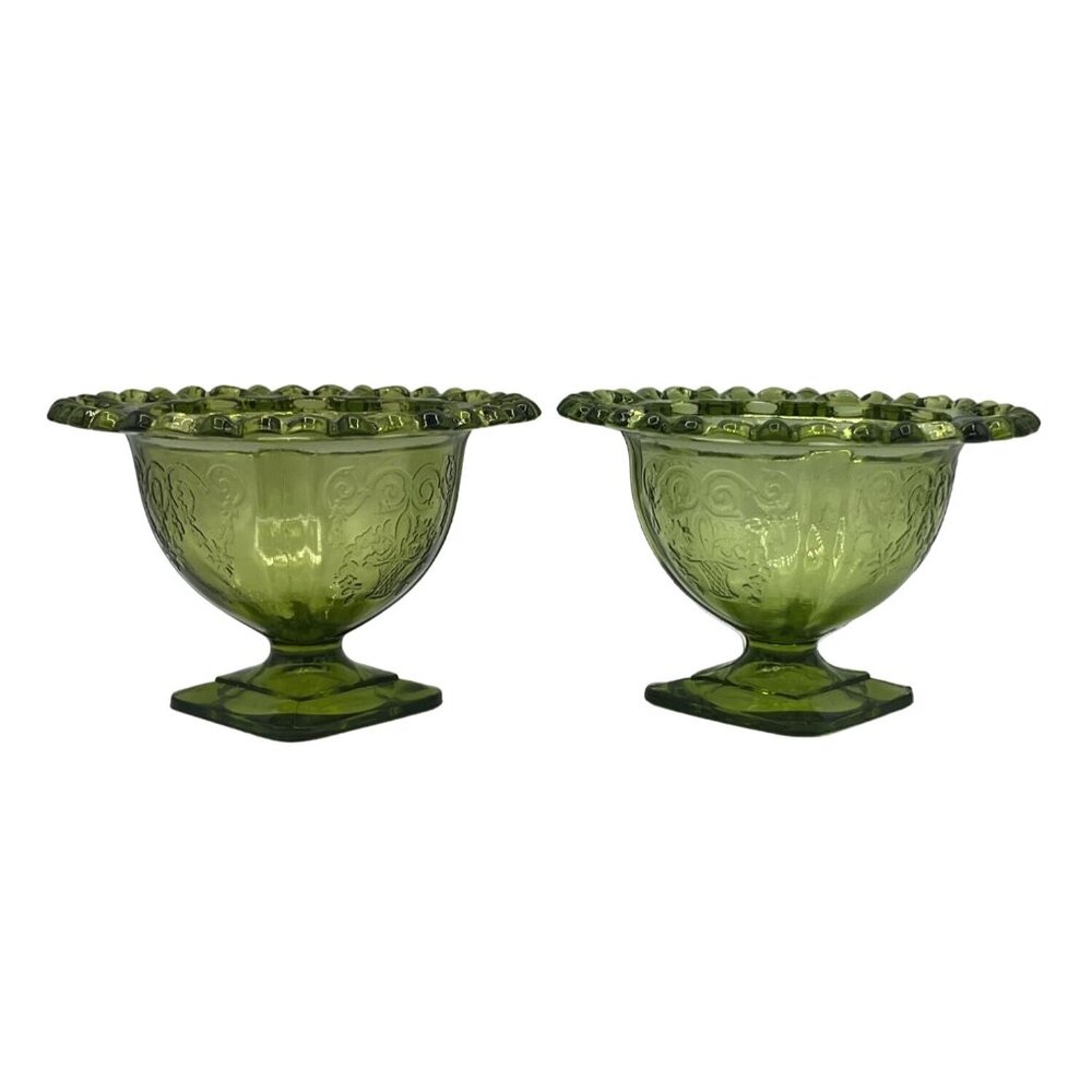 Vintage Green Glass Dessert Bowls Set Of 2 With Decorative Rim Floral Design - Picture 3 of 15